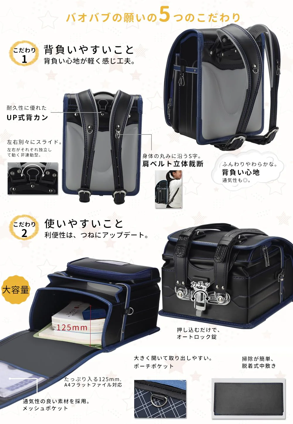 Baobab no Negai Lightweight Waterproof School Backpack A4 Black/Blue - Image 2