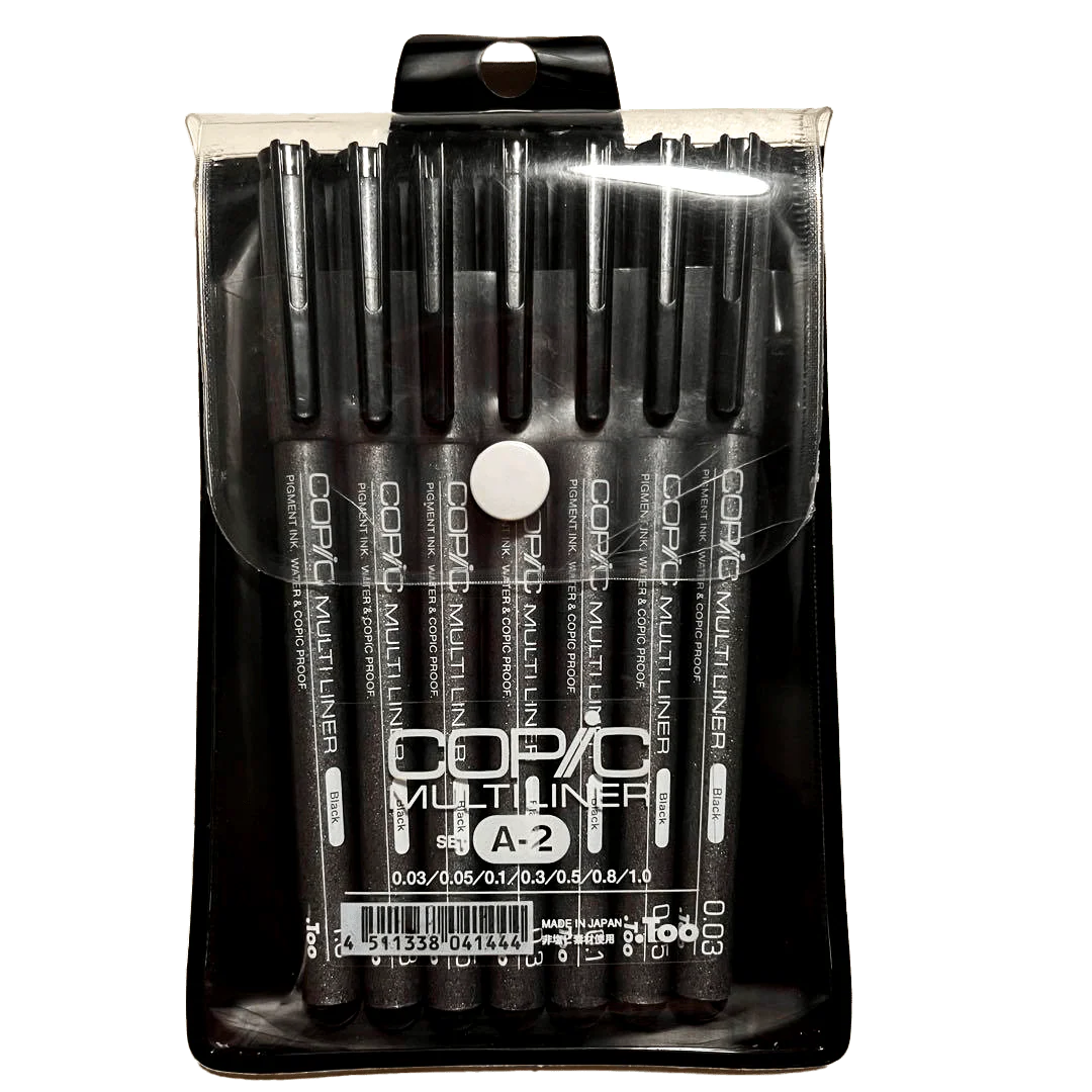Copic Multiliner Waterproof Pigment Ink Pens Set A2, Pack of 7, Black Ink (MLA2)