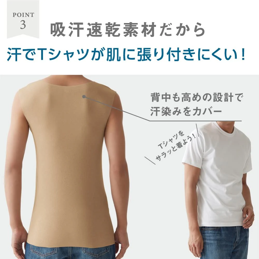 GUNZE Inner Shirt Crew Neck Sleeveless with Sweat Pad in T Cut Off Series Clear Beige - Image 4