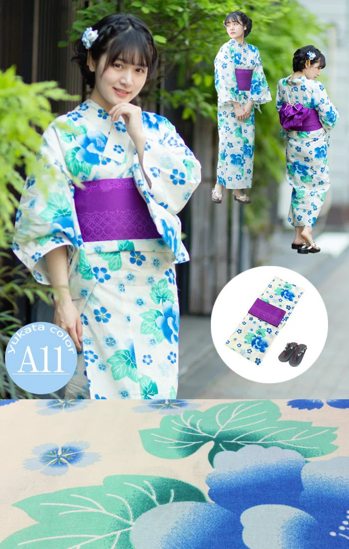 Japanese Women's Traditional YUKATA KIMONO Obi Belt Sandal Set - Image 13