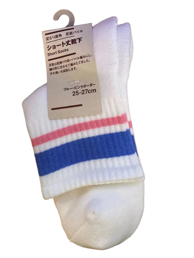 LAWSON x MUJI collaboration short socks line blue pink border - Image 2