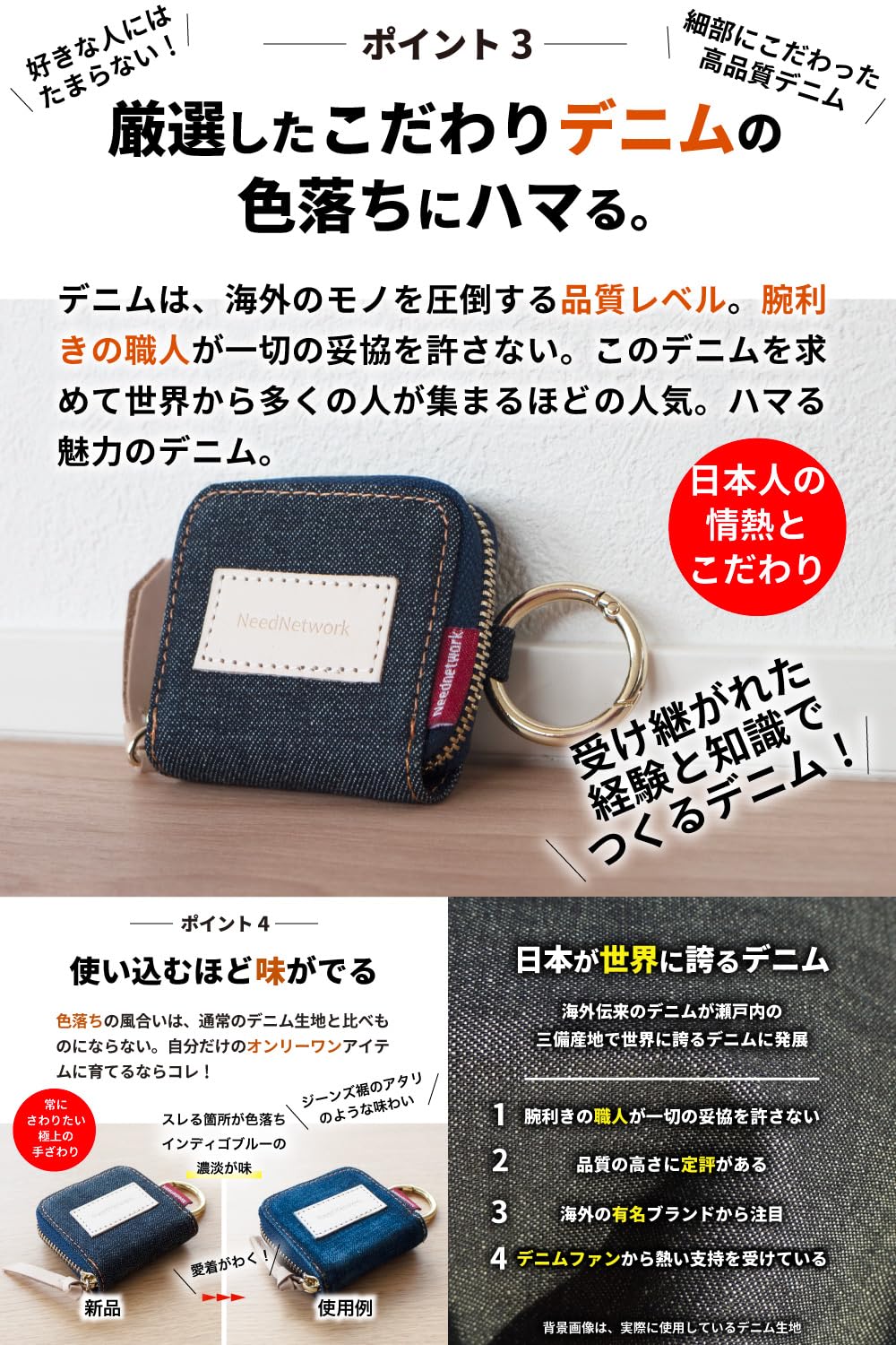 Need Network Japan Okayama Denim Coin Case Key Holder Compact Large Capacity - Image 3