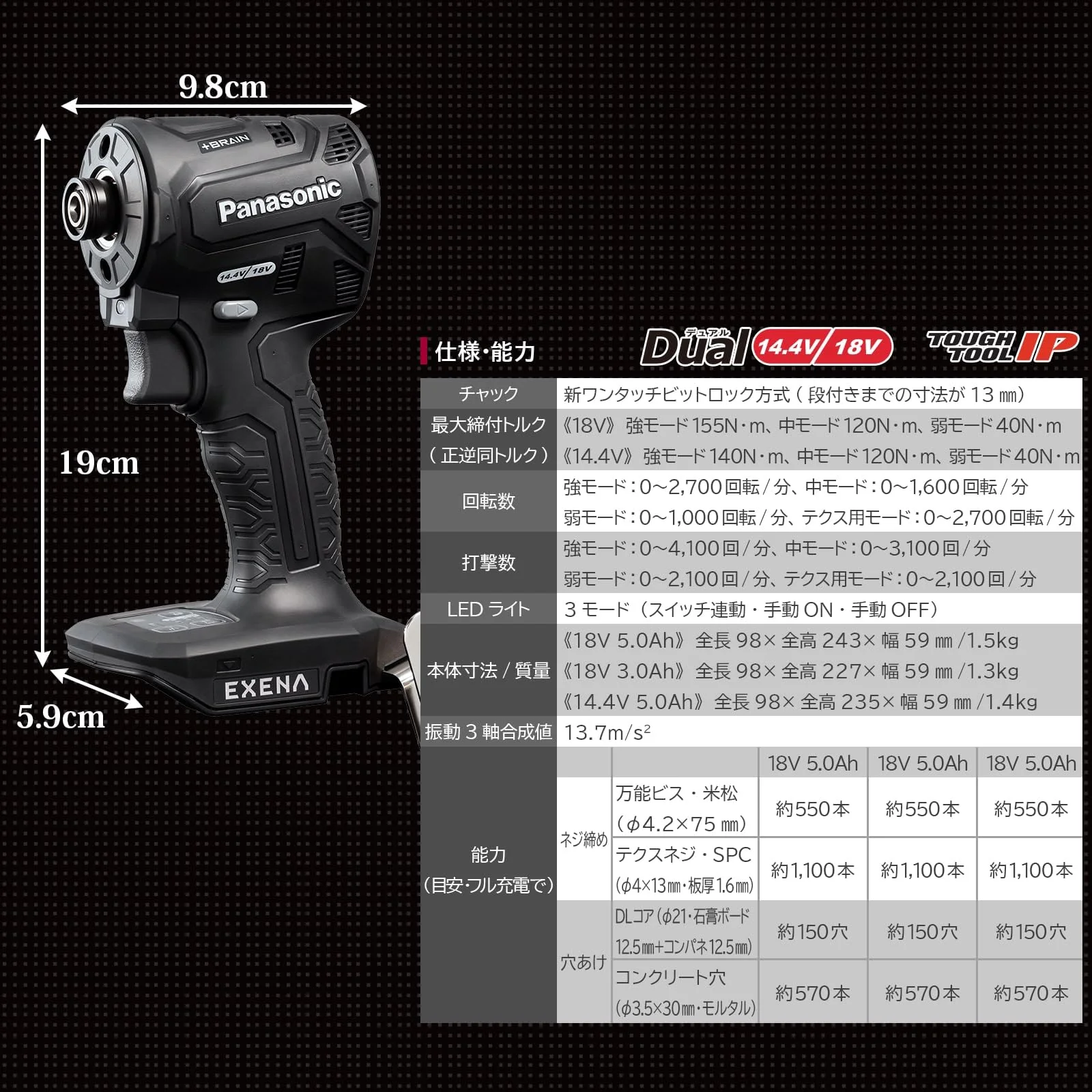 Panasonic EXENA P Series Impact Driver 14 4V 18V Electronic Clutch Brain Technology Tool Only Red EZ1PD1X-R - Image 7
