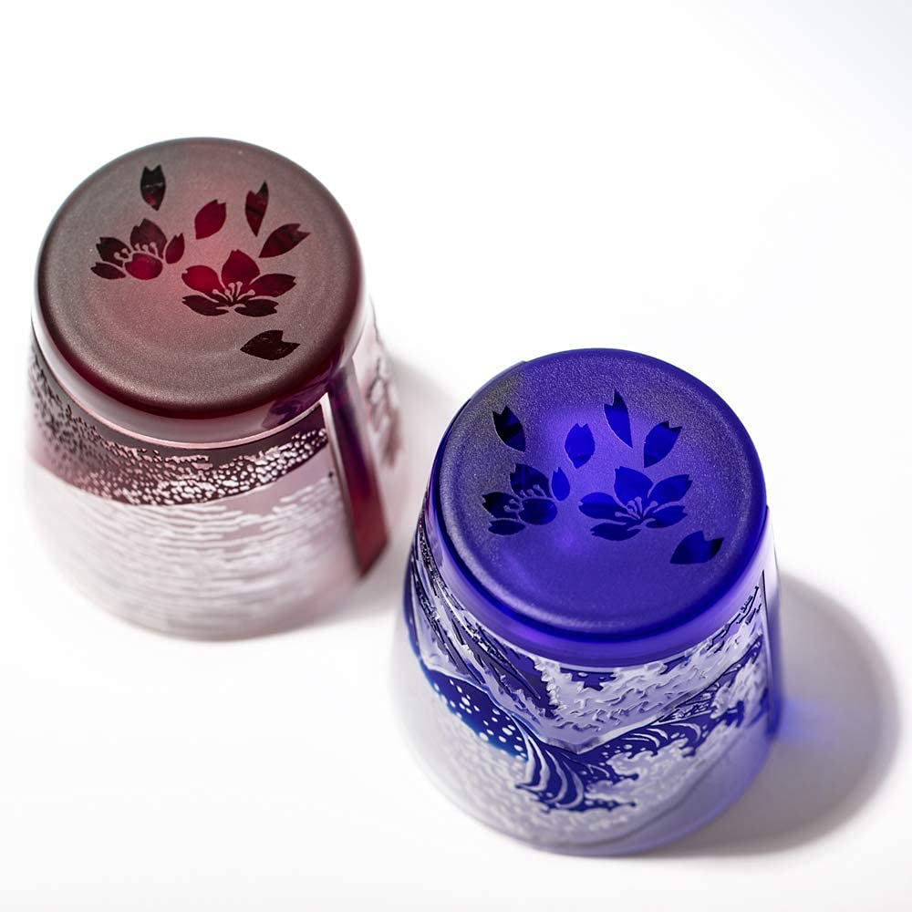 Taiburou Workshop Edo Glass Mount Fuji Sakura Free Cup Pair Red Blue Made in Japan TB022 Gift Box Set - Image 2